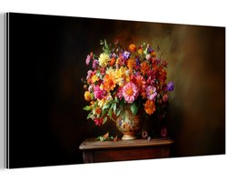 Aluminium schilderij 40x20 cm - Wanddecoratie metaal - Kleuren - Boeket - Vaas - Hout - Metalen muurdecoratie woonkamer - Decoratie industrieel - Foto op dibond - Industriële accessoires slaapkamer