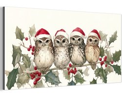 Aluminium schilderij 40x20 cm - Wanddecoratie metaal - Uilen - Tak - Hulstblaadjes - Kerstmuts - Metalen muurdecoratie woonkamer - Decoratie industrieel - Foto op dibond - Industriële accessoires slaapkamer