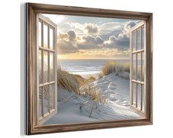 Aluminium schilderij 40x30 cm - Wanddecoratie metaal - Doorkijk - Strand - Duinen - Zee - Natuur - Metalen muurdecoratie woonkamer - Decoratie industrieel - Foto op dibond - Industriële accessoires slaapkamer