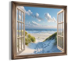 Aluminium schilderij 40x30 cm - Wanddecoratie metaal - Doorkijk - Strand - Raam - Duinen - Zee - Metalen muurdecoratie woonkamer - Decoratie industrieel - Foto op dibond - Industriële accessoires slaapkamer