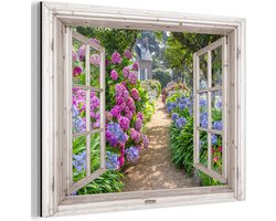 Aluminium schilderij 40x30 cm - Wanddecoratie metaal - Hortensia - Doorkijk - Bloemen - Zomer - Paars - Pad - Metalen muurdecoratie woonkamer - Decoratie industrieel - Foto op dibond - Industriële accessoires slaapkamer