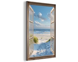 Aluminium schilderij 40x60 cm - Wanddecoratie metaal - Doorkijk - Strand - Raam - Duinen - Zee - Metalen muurdecoratie woonkamer - Decoratie industrieel - Foto op dibond - Industriële accessoires slaapkamer