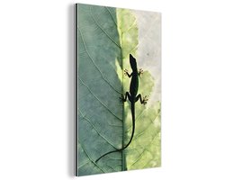 Aluminium schilderij 40x60 cm - Wanddecoratie metaal - Hagedis - Blad - Nerven - Groen - Metalen muurdecoratie woonkamer - Decoratie industrieel - Foto op dibond - Industriële accessoires slaapkamer