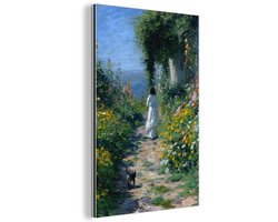 Aluminium schilderij 40x60 cm - Wanddecoratie metaal - Kat - Vrouw - Bloemen - Huis - Metalen muurdecoratie woonkamer - Decoratie industrieel - Foto op dibond - Industriële accessoires slaapkamer