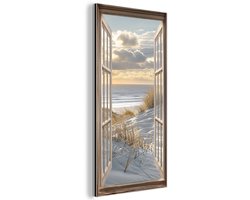 Aluminium schilderij 40x80 cm - Wanddecoratie metaal - Doorkijk - Strand - Duinen - Zee - Natuur - Metalen muurdecoratie woonkamer - Decoratie industrieel - Foto op dibond - Industriële accessoires slaapkamer