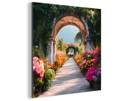 Aluminium schilderij 50x50 cm - Wanddecoratie metaal - Doorkijk - Bloemen - Tropisch - Kleurrijk - Metalen muurdecoratie woonkamer - Decoratie industrieel - Foto op dibond - Industriële accessoires slaapkamer