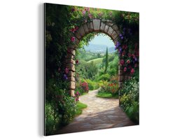 Aluminium schilderij 50x50 cm - Wanddecoratie metaal - Doorkijk - Landschap - Bloemen - Pad - Uitzicht - Metalen muurdecoratie woonkamer - Decoratie industrieel - Foto op dibond - Industriële accessoires slaapkamer