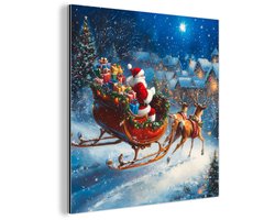 Aluminium schilderij 50x50 cm - Wanddecoratie metaal - Kerstman - Rendier - Kerst - Sneeuw - Metalen muurdecoratie woonkamer - Decoratie industrieel - Foto op dibond - Industriële accessoires slaapkamer