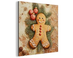 Aluminium schilderij 50x50 cm - Wanddecoratie metaal - Kerstmis - Koekje - Poppetje - Speculaas - Metalen muurdecoratie woonkamer - Decoratie industrieel - Foto op dibond - Industriële accessoires slaapkamer