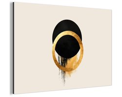Aluminium schilderij 60x40 cm - Wanddecoratie metaal - Abstract ontwerp - Zwarte cirkel - Verfvlekken - Metalen muurdecoratie woonkamer - Decoratie industrieel - Foto op dibond - Industriële accessoires slaapkamer