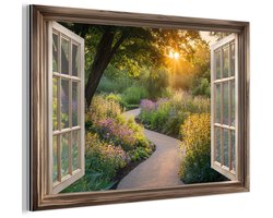 Aluminium schilderij 60x40 cm - Wanddecoratie metaal - Doorkijk - Bloemen - Natuur - Zon - Pad - Metalen muurdecoratie woonkamer - Decoratie industrieel - Foto op dibond - Industriële accessoires slaapkamer