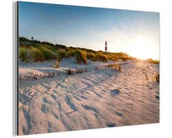 Aluminium schilderij 60x40 cm - Wanddecoratie metaal - Strand - Vuurtoren - Zonsondergang - Metalen muurdecoratie woonkamer - Decoratie industrieel - Foto op dibond - Industriële accessoires slaapkamer