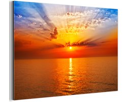 Aluminium schilderij 60x40 cm - Wanddecoratie metaal - Zonsondergang - Zee - Lucht - Oranje - Horizon - Water - Metalen muurdecoratie woonkamer - Decoratie industrieel - Foto op dibond - Industriële accessoires slaapkamer
