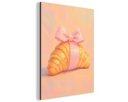 Aluminium schilderij 60x80 cm - Wanddecoratie metaal - Croissant - Strik - Roze - Metalen muurdecoratie woonkamer - Decoratie industrieel - Foto op dibond - Industriële accessoires slaapkamer