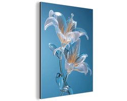 Aluminium schilderij 60x80 cm - Wanddecoratie metaal - Lelies - Blauw - Glazen - Metalen muurdecoratie woonkamer - Decoratie industrieel - Foto op dibond - Industriële accessoires slaapkamer