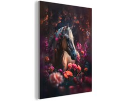 Aluminium schilderij 60x80 cm - Wanddecoratie metaal - Paard - Bloemen - Paars - Oranje - Dieren - Metalen muurdecoratie woonkamer - Decoratie industrieel - Foto op dibond - Industriële accessoires slaapkamer