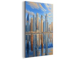 Aluminium schilderij 60x90 cm - Wanddecoratie metaal - Skyline - Wolkenkrabbers - Water - Blauw - Metalen muurdecoratie woonkamer - Decoratie industrieel - Foto op dibond - Industriële accessoires slaapkamer