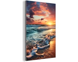 Aluminium schilderij 60x90 cm - Wanddecoratie metaal - Zonsondergang - Strand - Zee - Golfen - Metalen muurdecoratie woonkamer - Decoratie industrieel - Foto op dibond - Industriële accessoires slaapkamer