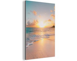 Aluminium schilderij 60x90 cm - Wanddecoratie metaal - Zonsondergang - Strand - Zee - Zomer - Blauw - Metalen muurdecoratie woonkamer - Decoratie industrieel - Foto op dibond - Industriële accessoires slaapkamer