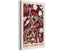 Aluminium schilderij 80x120 cm - Wanddecoratie metaal - Vogel - Bordeaux - Bloemen - Bessen - Metalen muurdecoratie woonkamer - Decoratie industrieel - Foto op dibond - Industriële accessoires slaapkamer