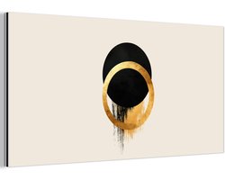 Aluminium schilderij 80x40 cm - Wanddecoratie metaal - Abstract ontwerp - Zwarte cirkel - Verfvlekken - Metalen muurdecoratie woonkamer - Decoratie industrieel - Foto op dibond - Industriële accessoires slaapkamer