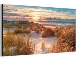 Aluminium schilderij 80x40 cm - Wanddecoratie metaal - Duin - Planten - Zonsondergang - Strand - Zee - Metalen muurdecoratie woonkamer - Decoratie industrieel - Foto op dibond - Industriële accessoires slaapkamer