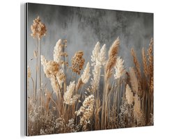Aluminium schilderij 80x60 cm - Wanddecoratie metaal - Gedroogde Veldbloemen - Grijs - Beton - Metalen muurdecoratie woonkamer - Decoratie industrieel - Foto op dibond - Industriële accessoires slaapkamer