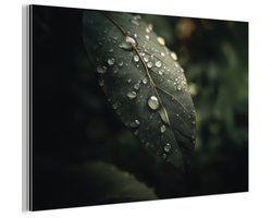 Aluminium schilderij 90x60 cm - Wanddecoratie metaal - Blad - Groen - Nerven - Regendruppels - Metalen muurdecoratie woonkamer - Decoratie industrieel - Foto op dibond - Industriële accessoires slaapkamer
