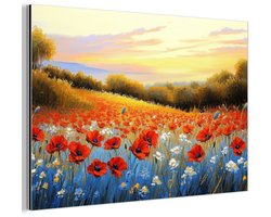 Aluminium schilderij 90x60 cm - Wanddecoratie metaal - Klaproos - Bloemenveld - Kleurrijk - Metalen muurdecoratie woonkamer - Decoratie industrieel - Foto op dibond - Industriële accessoires slaapkamer