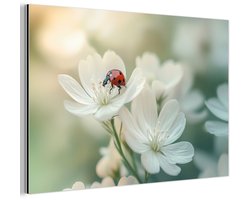 Aluminium schilderij 90x60 cm - Wanddecoratie metaal - Lieveheersbeestje - Bloemen - Wit - Metalen muurdecoratie woonkamer - Decoratie industrieel - Foto op dibond - Industriële accessoires slaapkamer