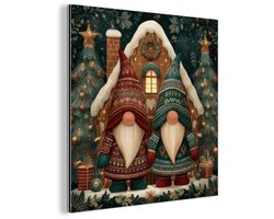 Aluminium schilderij 90x90 cm - Wanddecoratie metaal - Kerst - Gnomen - Peperkoekhuisje - Rood - Groen - Metalen muurdecoratie woonkamer - Decoratie industrieel - Foto op dibond - Industriële accessoires slaapkamer