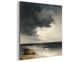 Aluminium schilderij 90x90 cm - Wanddecoratie metaal - Kust - Golven - Rots - Storm - Metalen muurdecoratie woonkamer - Decoratie industrieel - Foto op dibond - Industriële accessoires slaapkamer