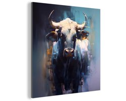 Aluminium schilderij 90x90 cm - Wanddecoratie metaal - Stier - Zwart - Abstract - Horens - Metalen muurdecoratie woonkamer - Decoratie industrieel - Foto op dibond - Industriële accessoires slaapkamer