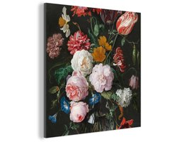 Aluminium schilderij 90x90 cm - Wanddecoratie metaal - Stilleven met bloemen in een glazen vaas - Schilderij van Jan Davidsz. de Heem - Metalen muurdecoratie woonkamer - Decoratie industrieel - Foto op dibond - Industriële accessoires slaapkamer