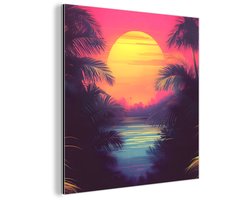 Aluminium schilderij 90x90 cm - Wanddecoratie metaal - Zon - Geel - Palmbomen - Tropisch - Metalen muurdecoratie woonkamer - Decoratie industrieel - Foto op dibond - Industriële accessoires slaapkamer