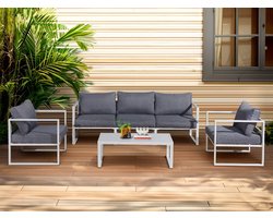 Aluminium Tuin Loungeset MOSTRARE Wit | 3-zitsbank, 2 Fauteuils en Salontafel | Grijze Kussens