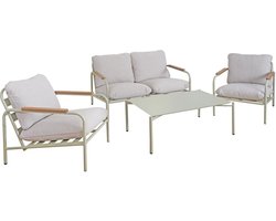 Aluminium tuinset MCW-O11, 2-zitsbank fauteuil bank voor buiten, Olefin (205 g/m²) ~ lichtgroene bekleding beige