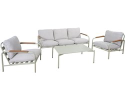 Aluminium tuinset MCW-O11, 3-zits buitenbank fauteuil bank, Olefin (205 g/m²) ~ lichtgroene bekleding beige