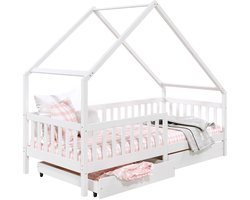 ALVA-bed in huisvorm, 90 x 200 cm, van massief grenenhout met lades - wit
