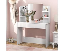 Amalee - Kaptafel - Wit - Met lade - planken aan beide zijdes - Met spiegel - Woonkamer - Meisjeskamer - 141 cm hoog