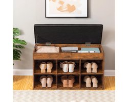 Amalee - Open schoenenkast met bankje - Gang kast - Hout - Kast met 6 vakken - Kan ook gebruikt worden in de slaapkamer of studeerkamer - Belastbaar gewicht 135 kilo -