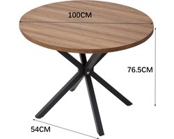 Amalee - Ronde eettafel - 100 cm - Hout look - 4 personen - Kleine woonkamer of keuken - Zwarte metalen poten -