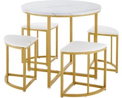 Amalee - Ronde eettafel - Met 4 krukjes - 80 cm diameter - Marmerlook - Goud met wit - Stoelen makkelijk op te bergen - Voor kleine ruimtes