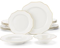 Amalee - Service set - Wit met goud randje - Porselein Servies - Kom - diepe bord - Dinner en dessert bord - 4 personen - Elegante set
