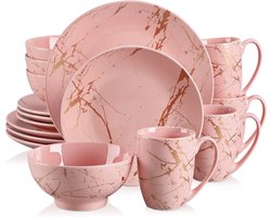 Amalee - Servies set - 16 delig - rond - Roze - Handgeschilderd - Keramische Servies - Voor 4 personen -