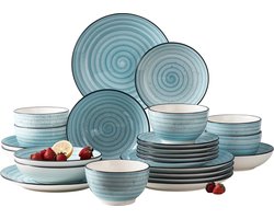 Amalee - Servies set 24 delig - Lichtblauw - Spiraal patroon - Handgeschilderd - Steen - Dinner bord - Desert bord - Diepe bord - Kom