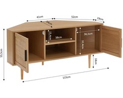 Amana TV-kast Hoekkast Modern Beukenhout met Rotan Deuren, 2 Opbergvakken, Kabeldoorvoer, Ruimtebesparend voor Woonkamer, Televisiemeubel 115 cm – Altameubel