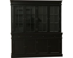 Amaretta vitrinekast 4 deuren, zwart antiek gepatineerd. Breedte 186 cm, hoogte 200 cm.