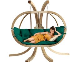 Amazonas Globo Chair Royal - 2 persoons - Groene kussens + Luxe Houten Standaard