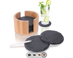 Amazy Leisteen onderzetters set (8 stuks) inclusief krijtstift. Decoratieve glazen onderzetters - Bamboe houder rond glas